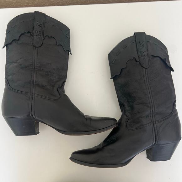 Laredo Black Leather Western Cowboy Boots, Scalloped Trim, Size 8M, USA Made - Picture 5 of 11